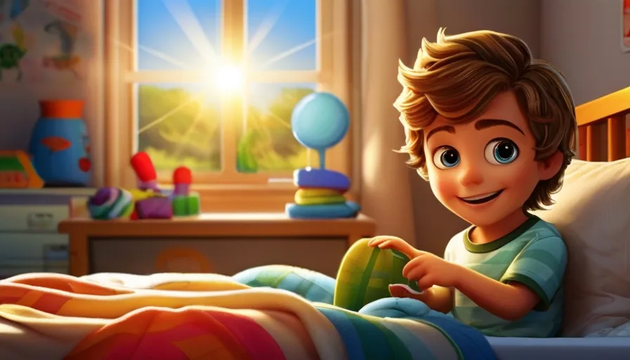 a young boy is sitting in his bed, rubbing his eyes