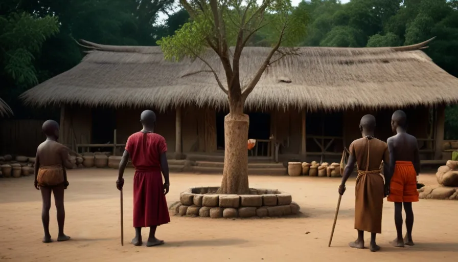 a group of men standing next to each other in front of a hut