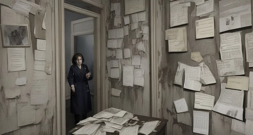 a woman standing in a room with lots of papers on the wall