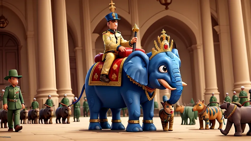 a man riding on the back of a blue elephant