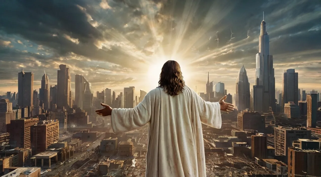 a man with his arms wide open standing in front of a city