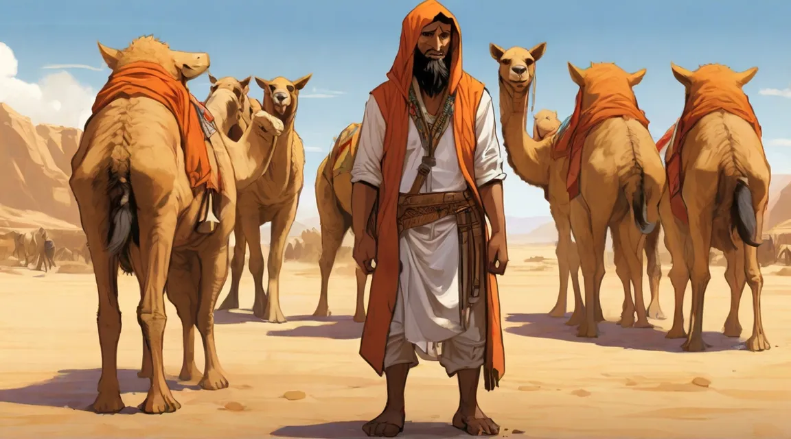 a man standing in front of a group of camels and some dust was flying from there.