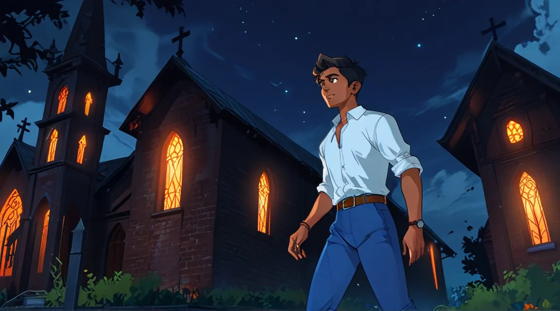 a man standing in front of a church at night