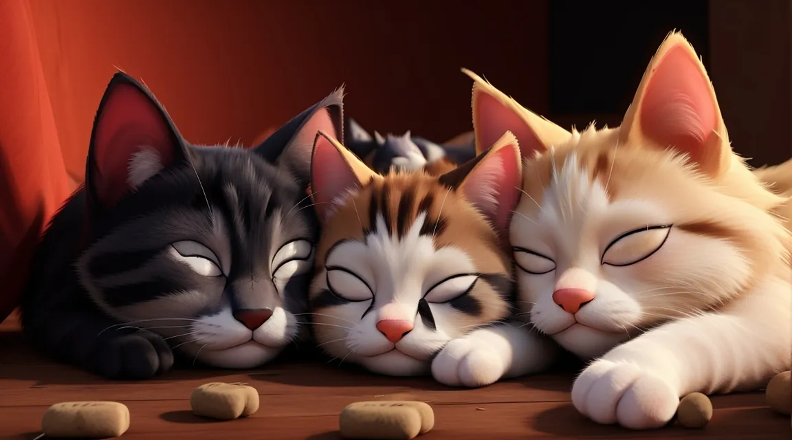 a group of cats laying next to each other, 3d animation, ultra-detailed