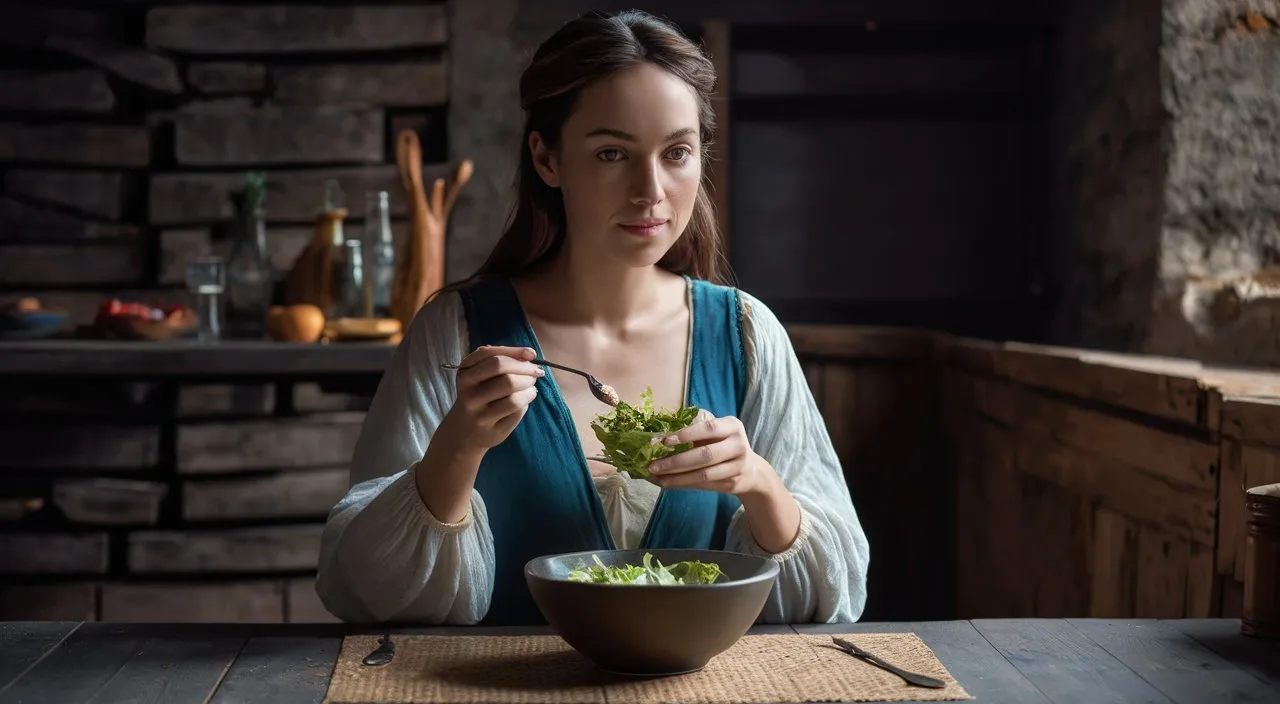 a woman sitting at a table eating a salad