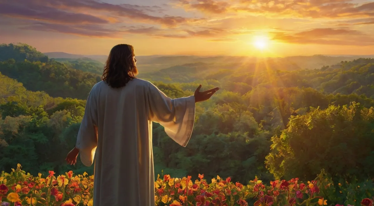 jesus standing in a field of flowers with the sun behind himr