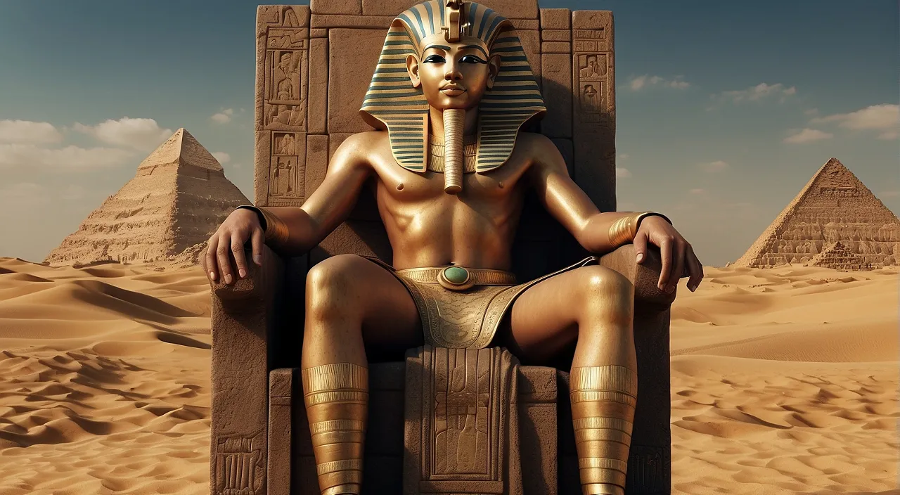 an egyptian statue sitting in a chair in the desert