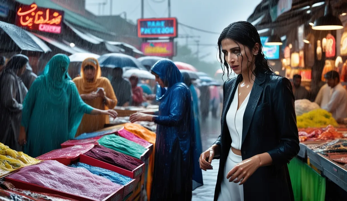 Monsoon Market (8K): Rain pummels a bustling bazaar, blurring neon signs. A lone Pakistani woman, tears mixing with rain, searches the crowd, her modern outfit a stark contrast to colorful displays.