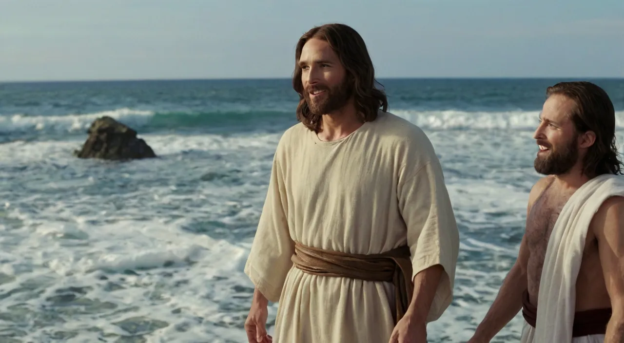 a man standing next to another man near the ocean