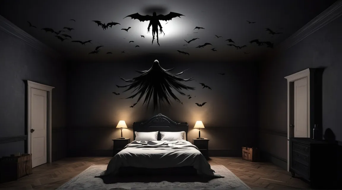 a bedroom with a bed, two lamps and bats on the wall