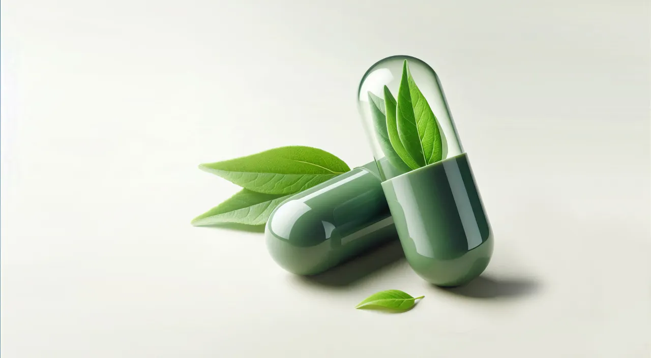 a green pill with a leaf on top of it