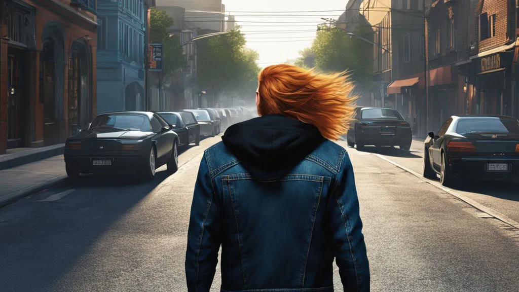 A photorealistic image of a highly detailed European long haired ginger guy with a trimmed beard wearing a black hoodie with black denim jacket and a blue colored denim jeans, walking in the middle of the street straight forward, he is angry and he is on his way to burn something down,  cinematic, dark, intricate and detailed, dramatic, theatrical, awesome tracking camera shots made with a flying drone,