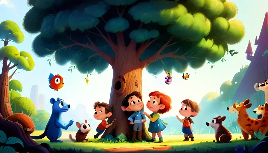 a group of children standing next to a tree