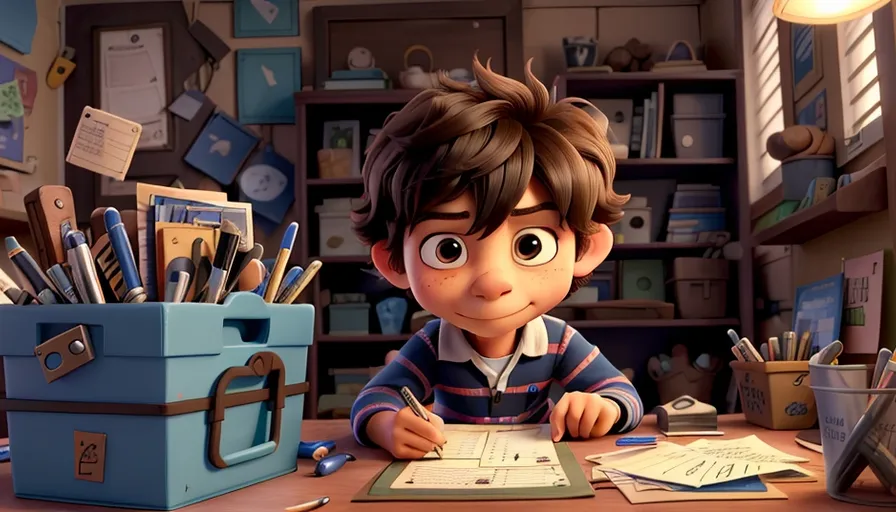 a young boy sitting at a desk with a binder