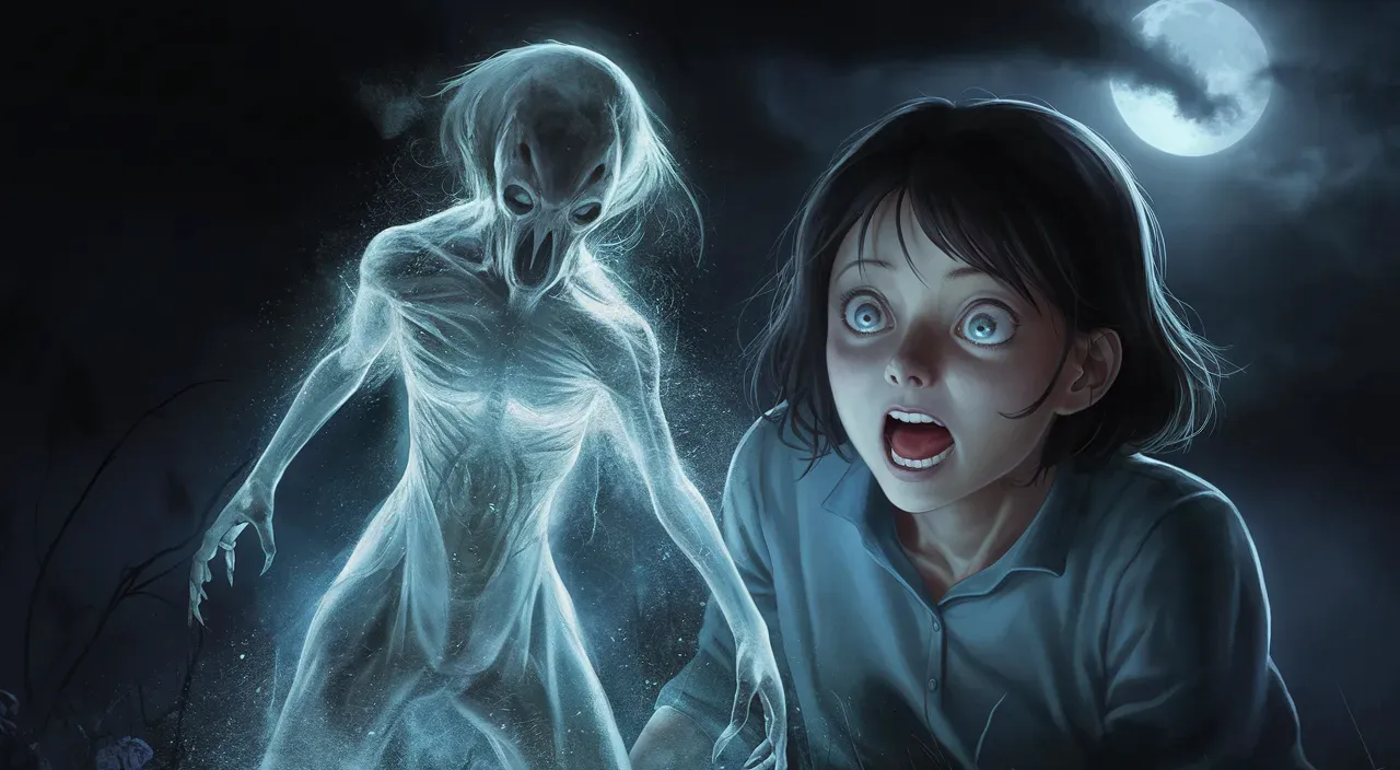 a girl is looking at a creepy ghost