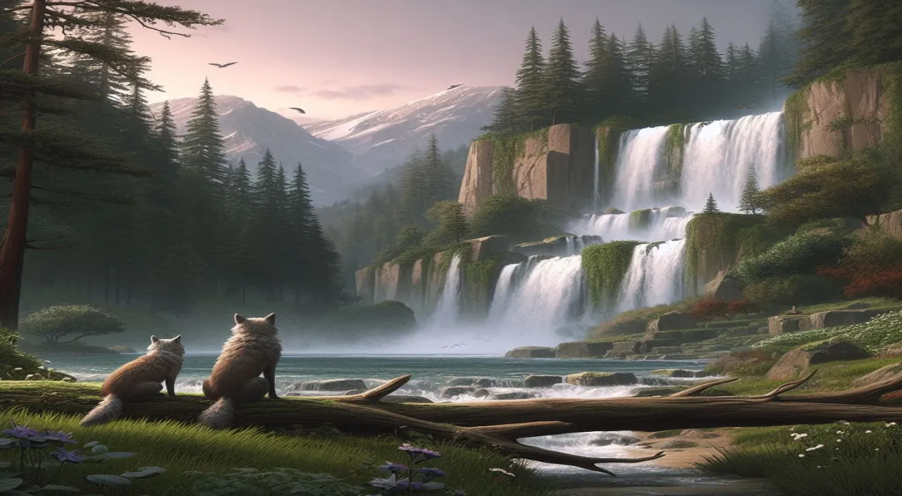 a painting of two bears sitting on a log in front of a waterfall