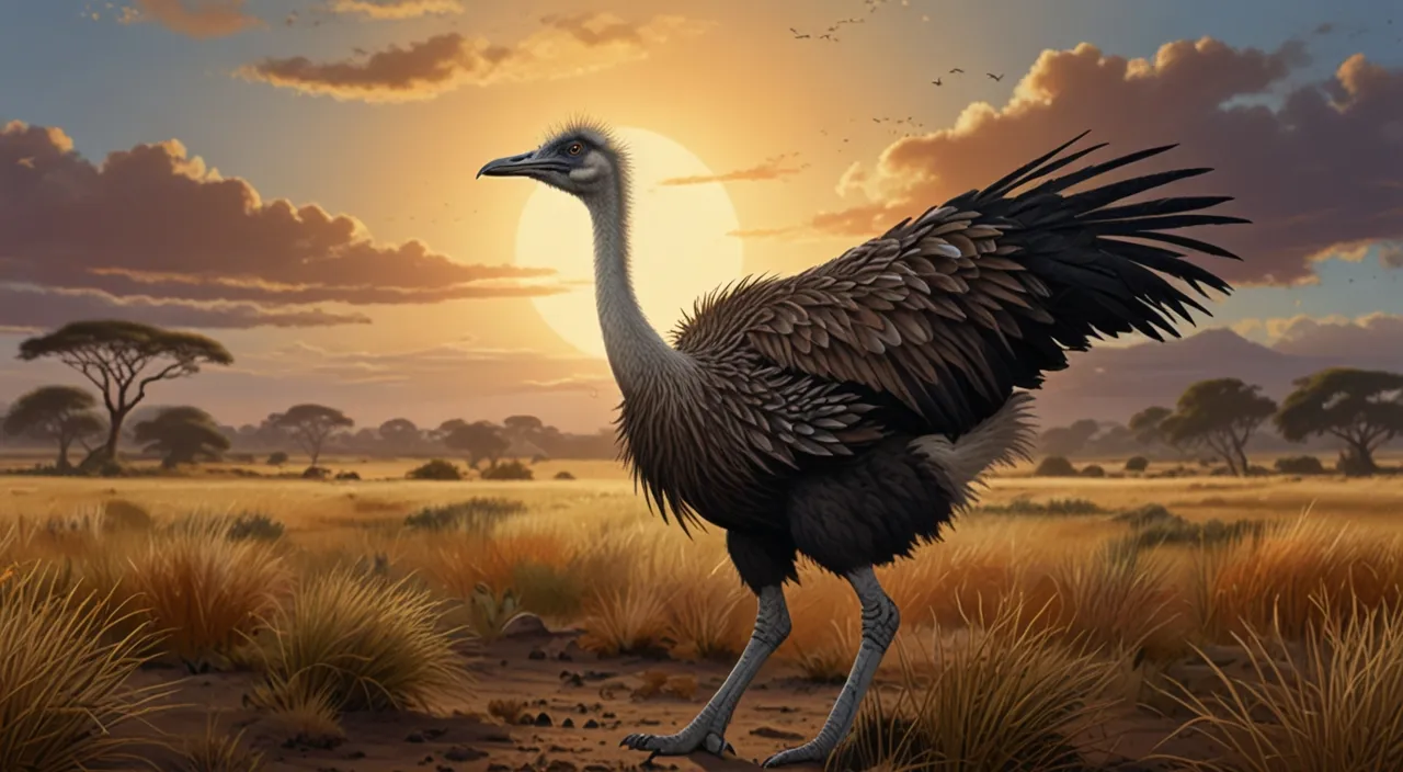 a large bird standing on top of a dry grass field