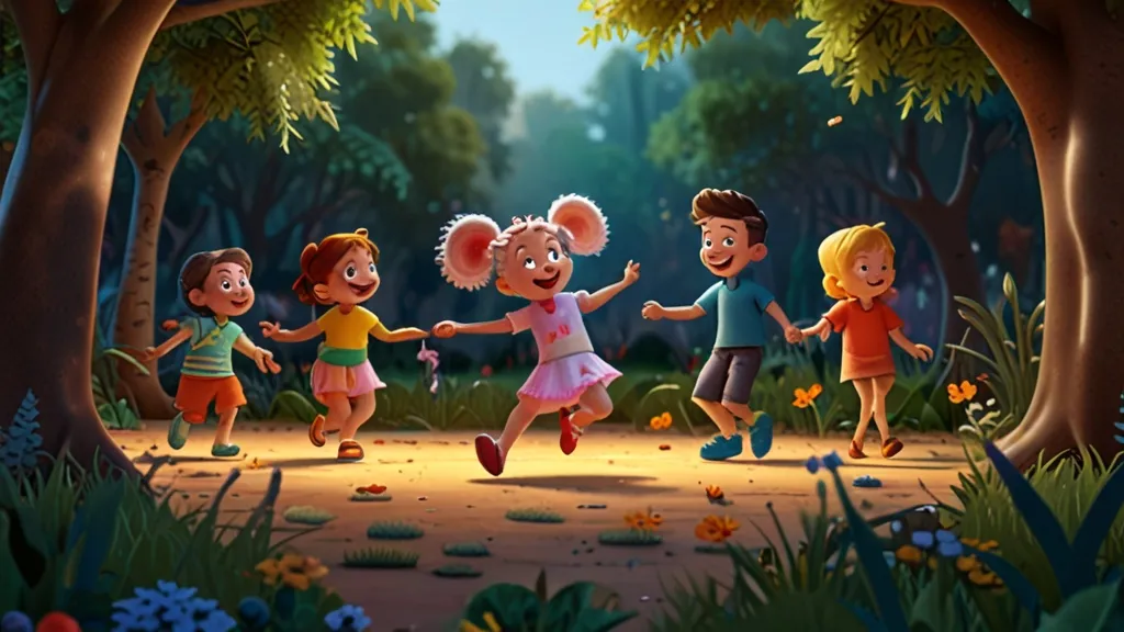 a group of children running through a forest