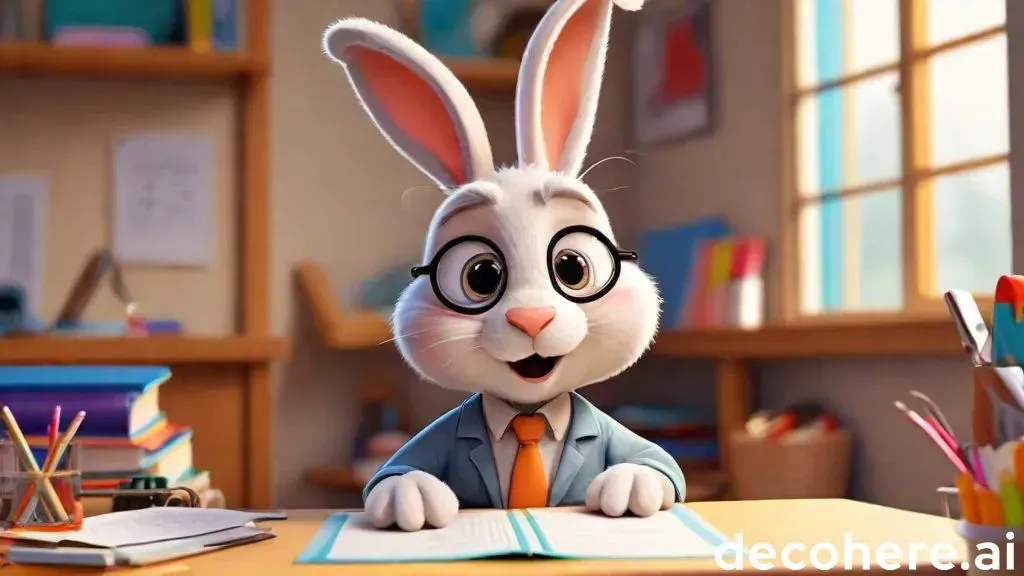 an animated rabbit in a suit and tie sitting at a desk in a classroom talking