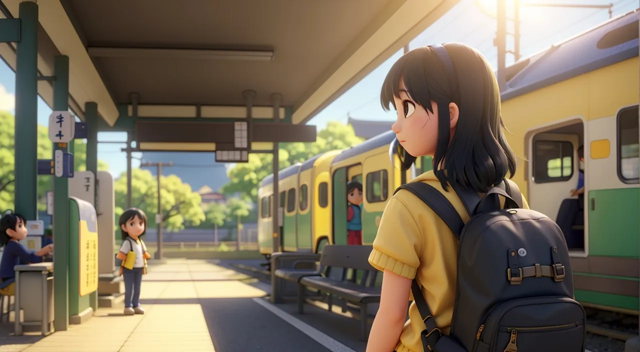 a girl with a backpack standing in front of a train