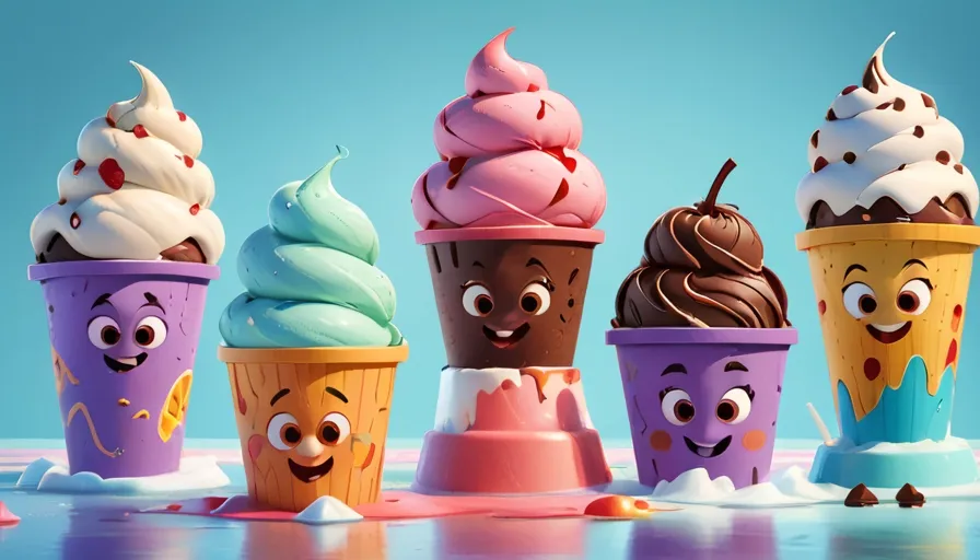 a group of ice cream cones with faces painted on them