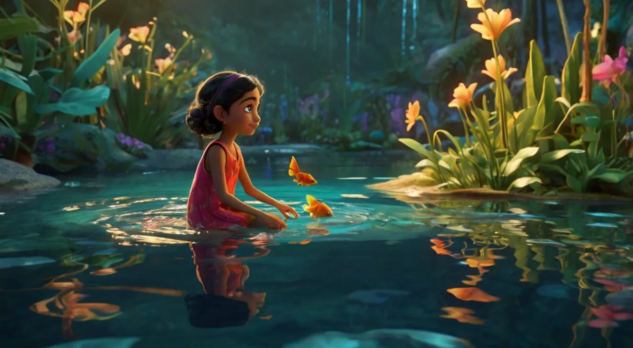 Meera the young girl reaches a shimmering pond and sees a golden fish named Goldie.