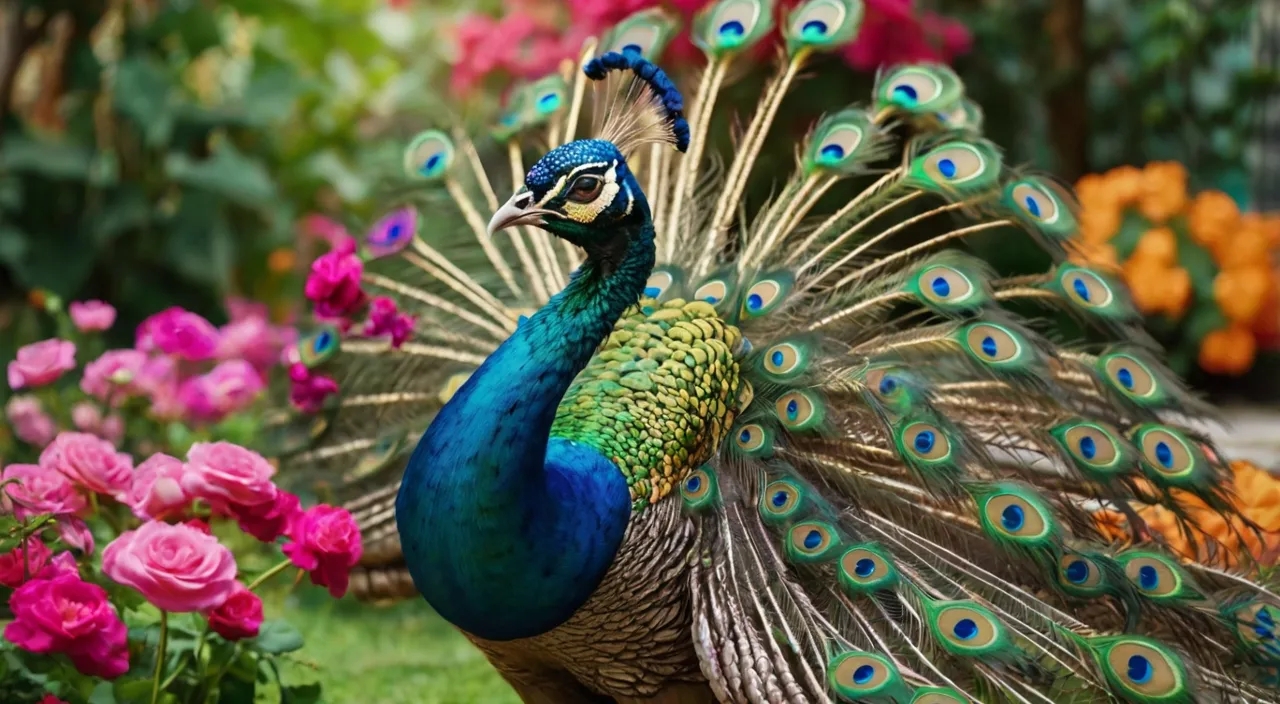 a peacock with its feathers spread out in front of flowers