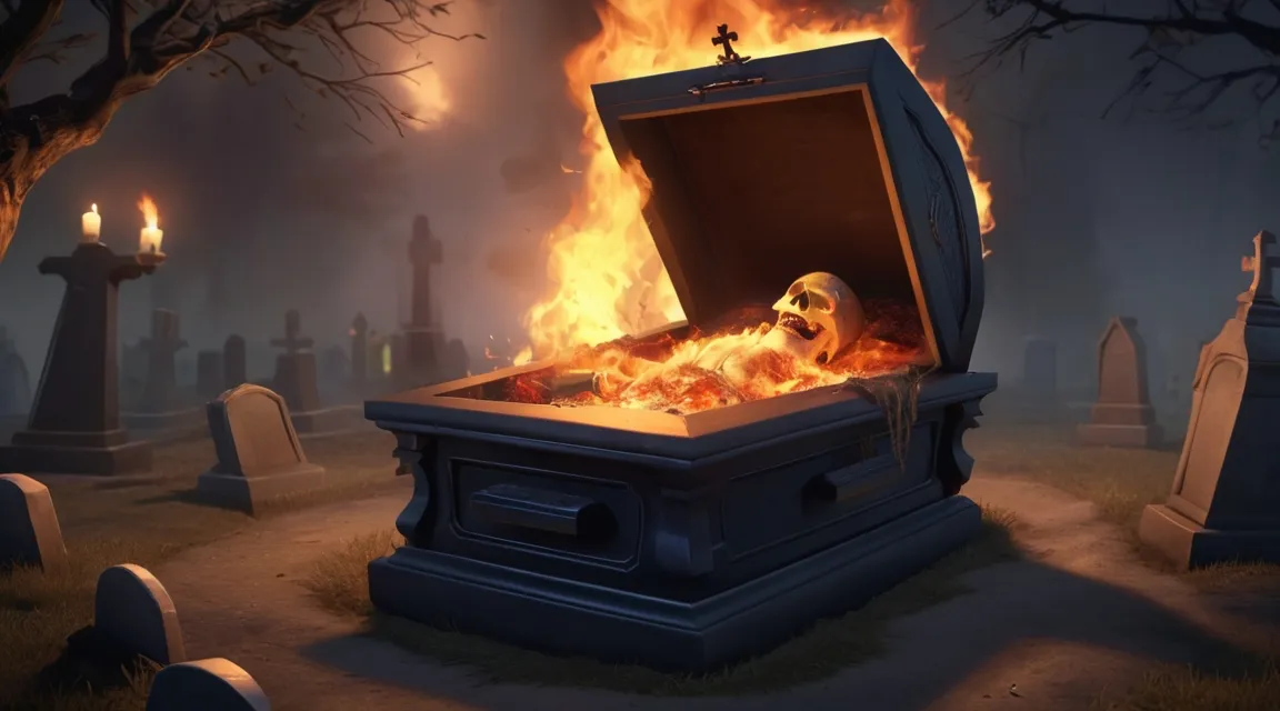 a casket on fire in a cemetery