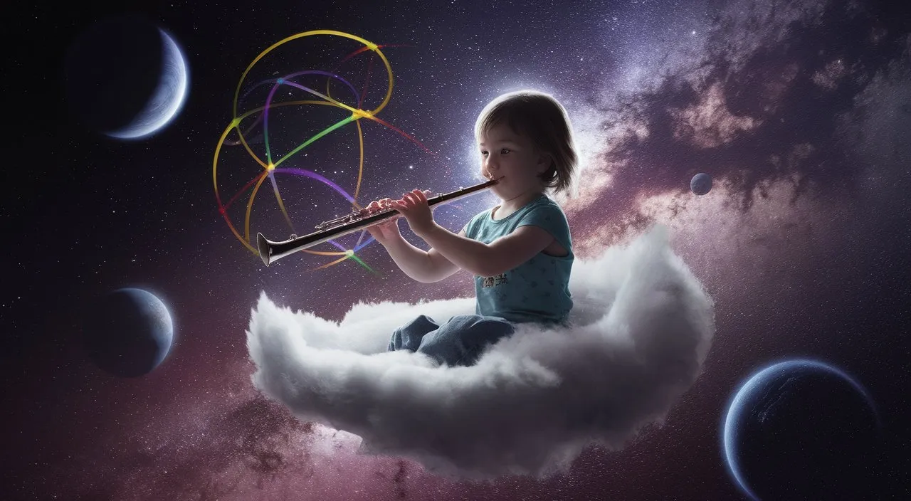 a little girl sitting on a cloud playing a flute