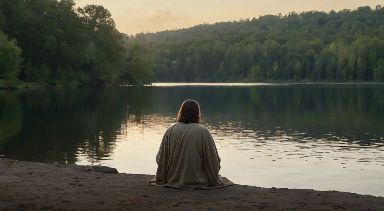 a person sitting on the shore of a lake