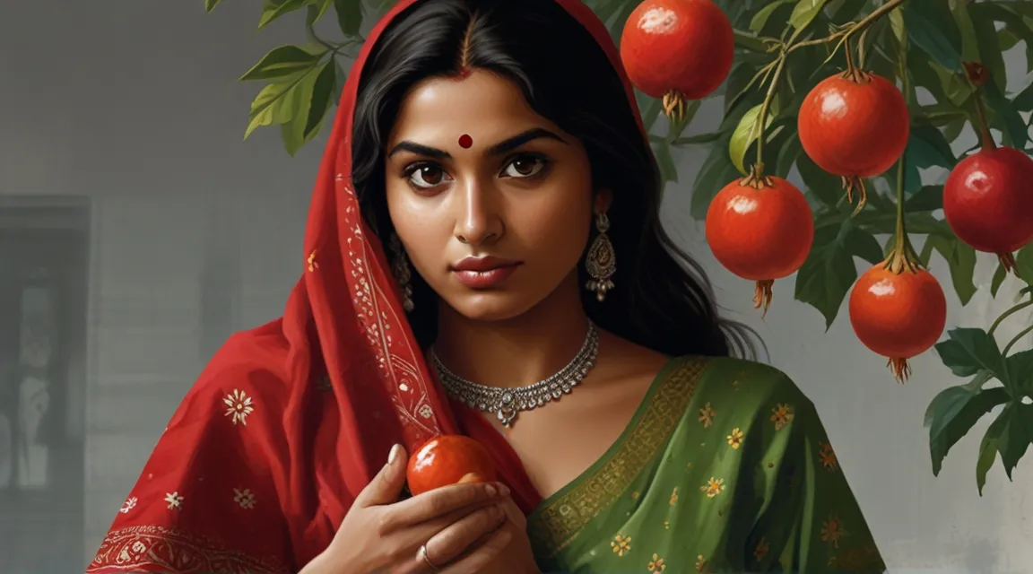 a painting of a woman holding an apple