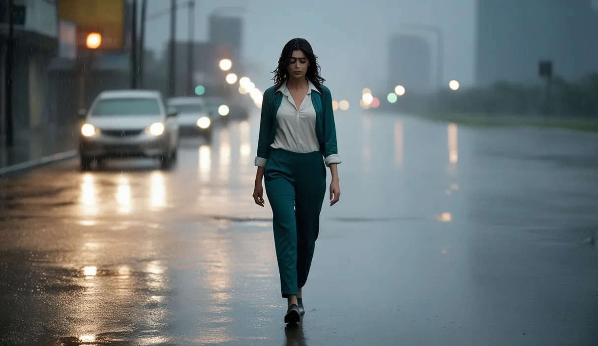 A lone Pakistani woman in a modern outfit of pants and a shirt walks down a deserted street, tears blurring the city lights in the rain-slicked 8K vista. The emptiness of the street echoes the absence of her boyfriend after their recent breakup.

