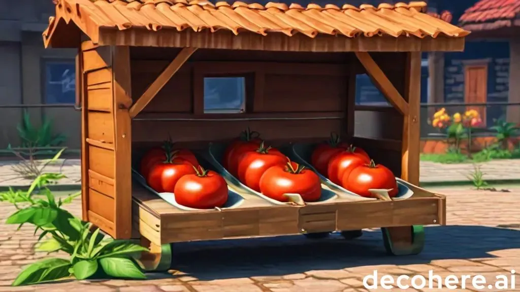 a wooden cart with four tomatoes in it