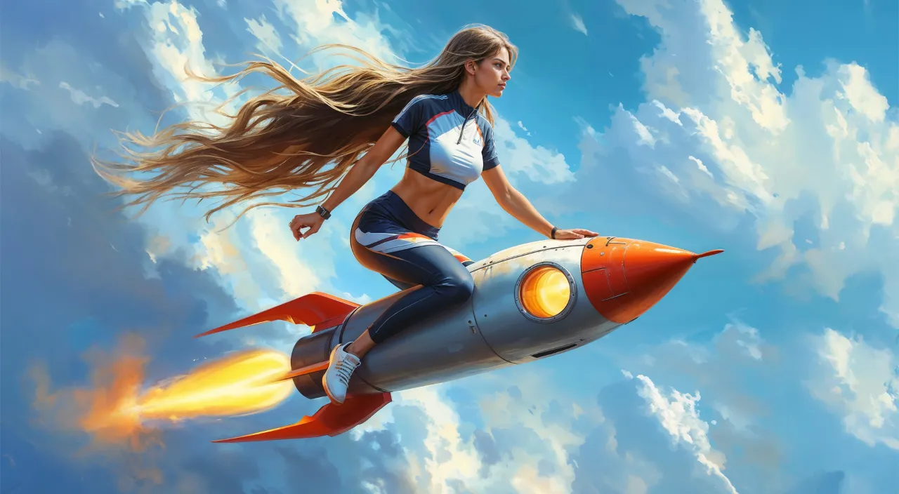 a woman riding on a rocket