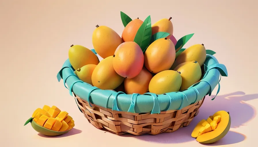 a basket filled with lots of fruit next to sliced mangoes