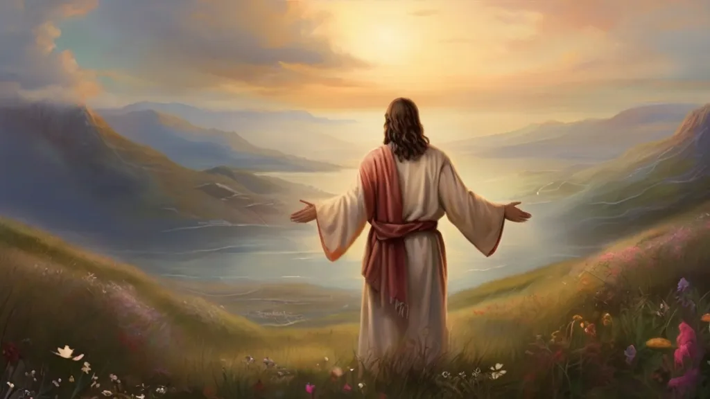 a painting of jesus standing in a field