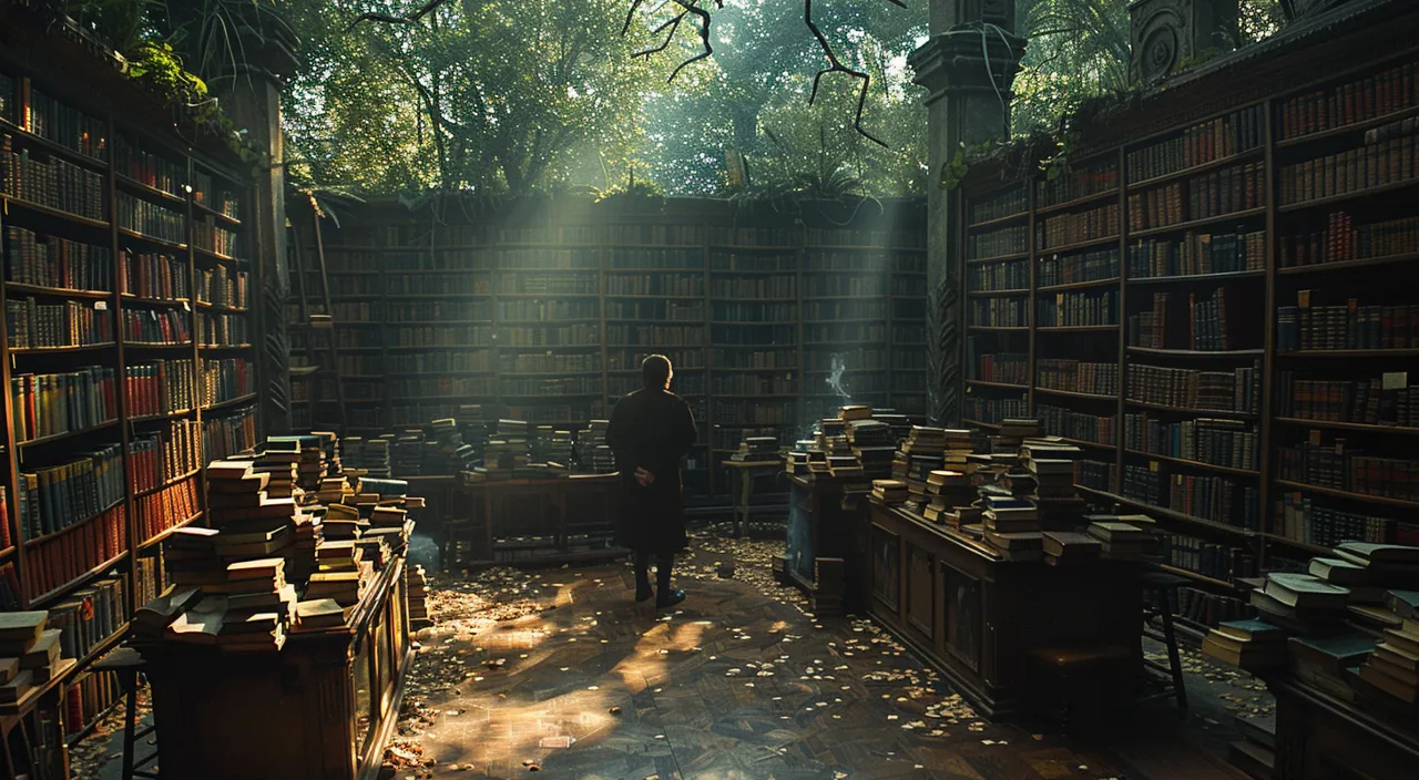 a man standing in a library filled with lots of books