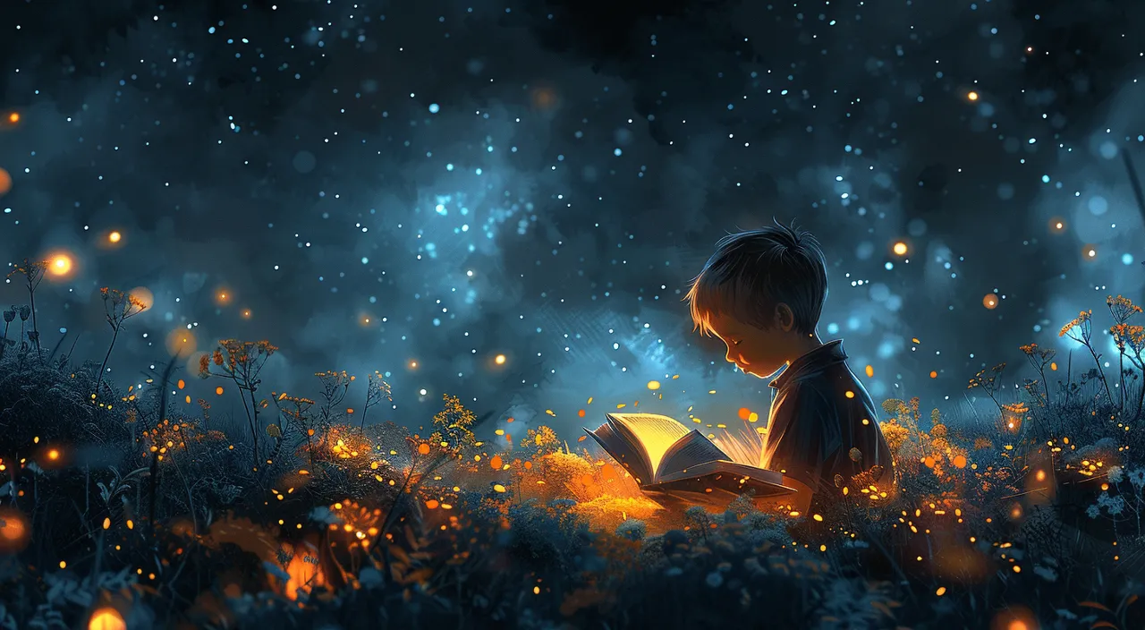 a boy reading a book in a field at night