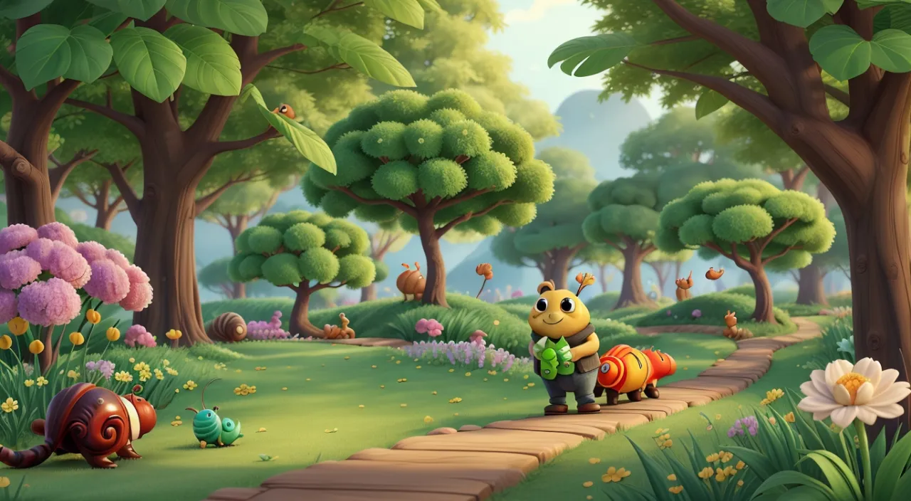 a cartoon scene with a bug carrying a backpack searching for another road