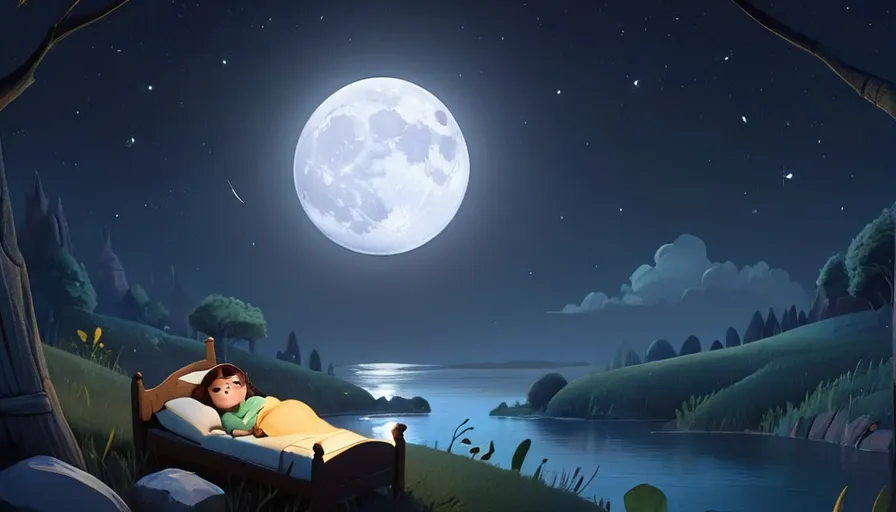 a person laying in a bed under a full moon