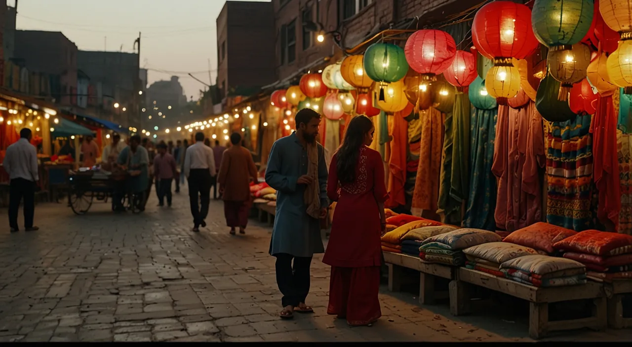 4K wide shot of a vibrant Pakistani bazaar at sunset. Colorful fabrics and lanterns illuminate the scene. A young Pakistani couple (woman: 23, man: 24) stands mesmerized by a street performer (optional: playing a traditional instrument). A single red rose lies forgotten on a nearby chai stall, hinting at a budding romance