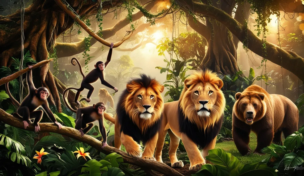 a group of animals standing on top of a lush green forest