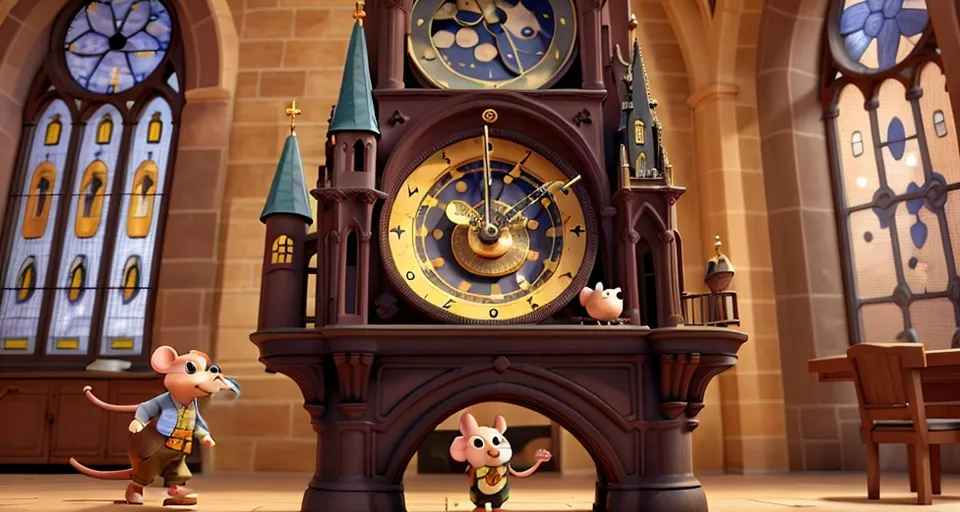 a mouse running up the exter cathedral astronomical clock tower, when it's 1 o'clock