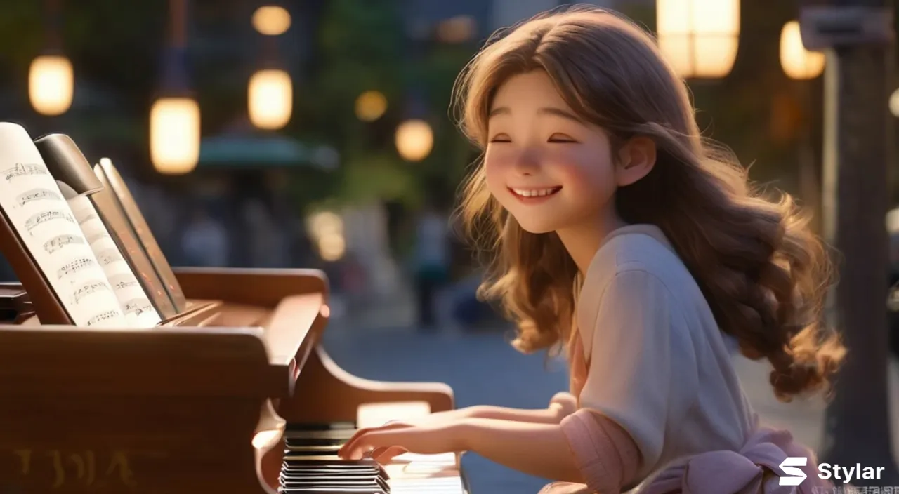 A young beautiful girl with long hair, full body,the girl smiles and plays the piano on the streets of Omotesando, Tokyo