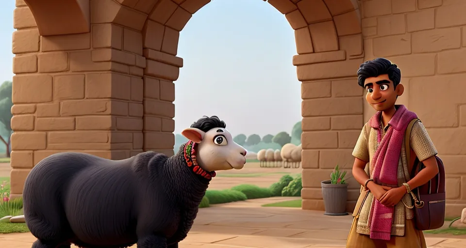 a cartoon character standing next to a black sheep