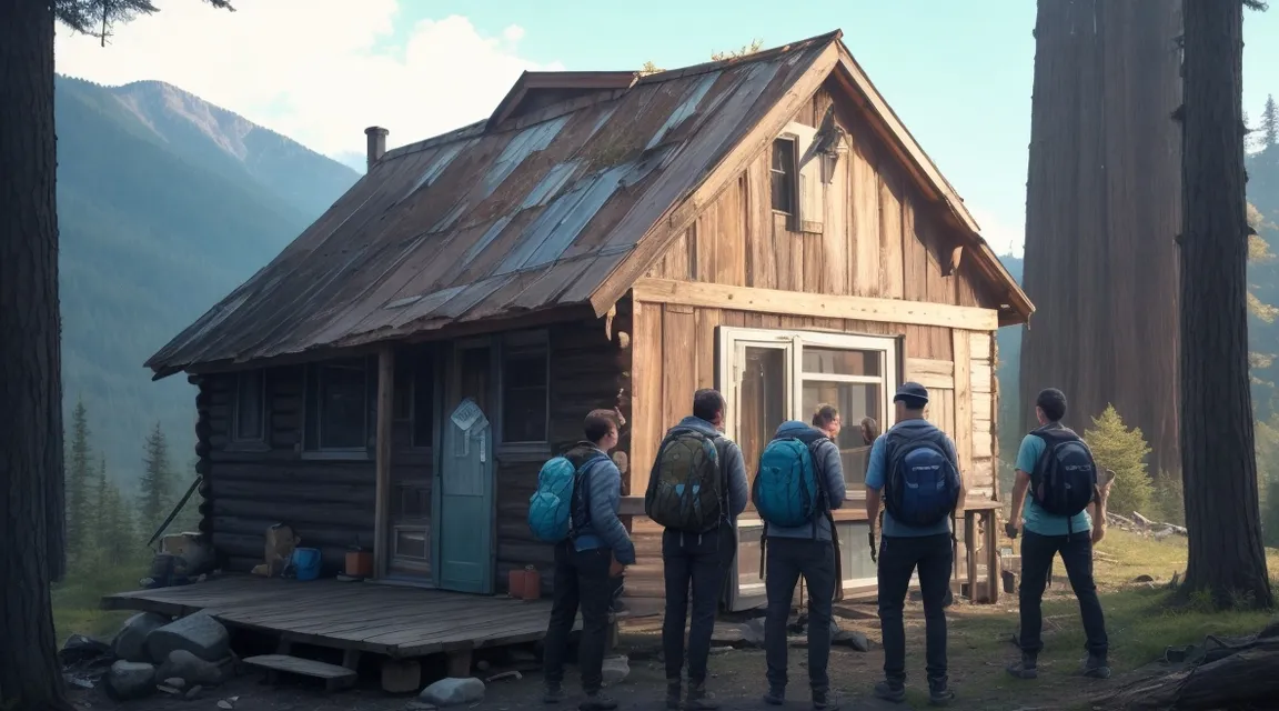 a group of people standing in front of a cabin