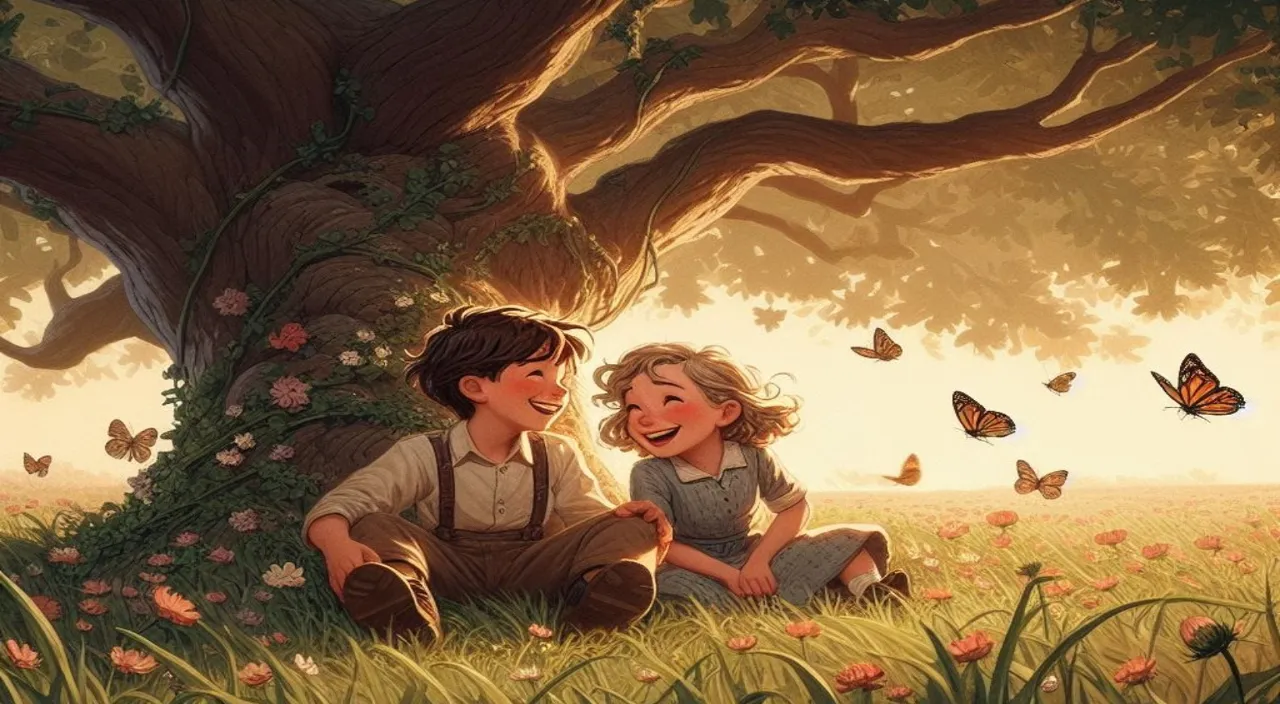 a painting of a boy and a girl sitting under a tree