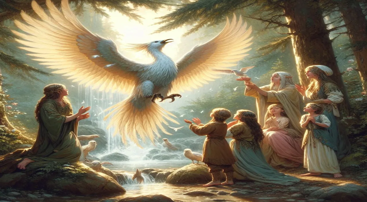 a painting of a bird flying over a group of people