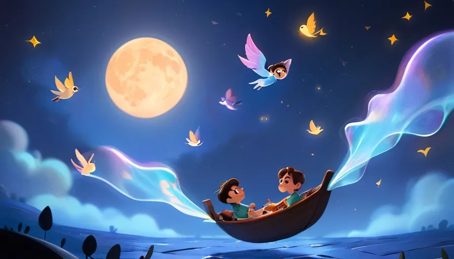 two children are sitting in a boat in the moonlight