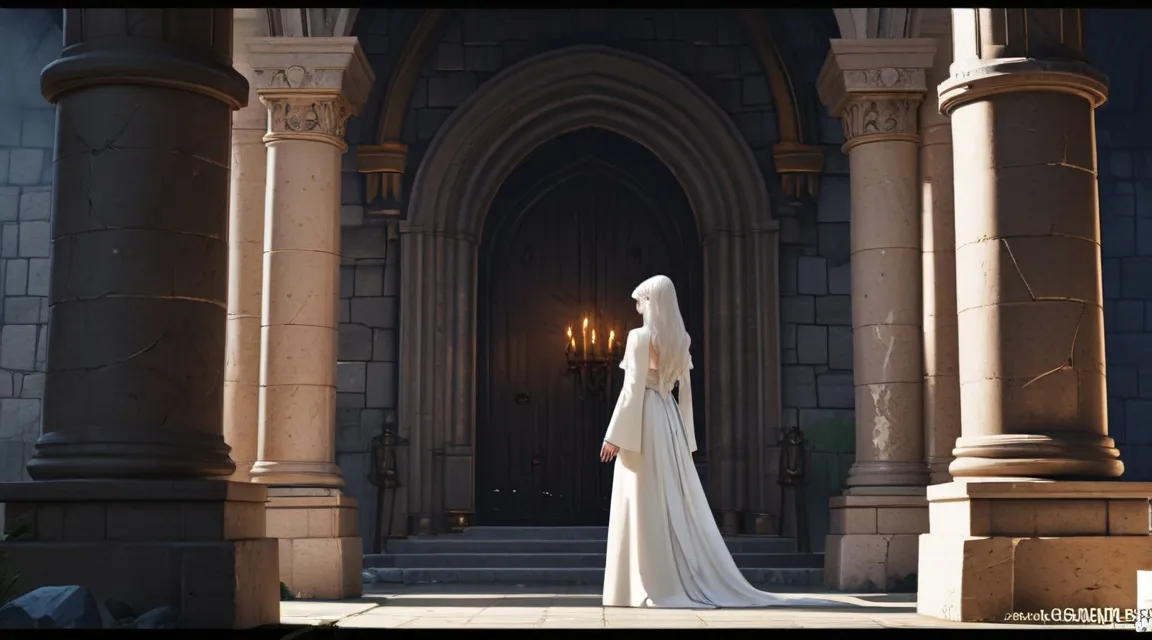 a woman in a white dress standing in front of a building